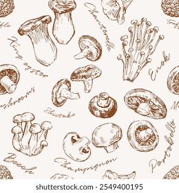 Culinary seamless pattern, sketch illustrations of edible mushrooms with lettering, cookbook design element