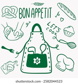 Culinary set in doodle style with an apron, baguette, pretzel, dough, culinary cap, fork, board with bread