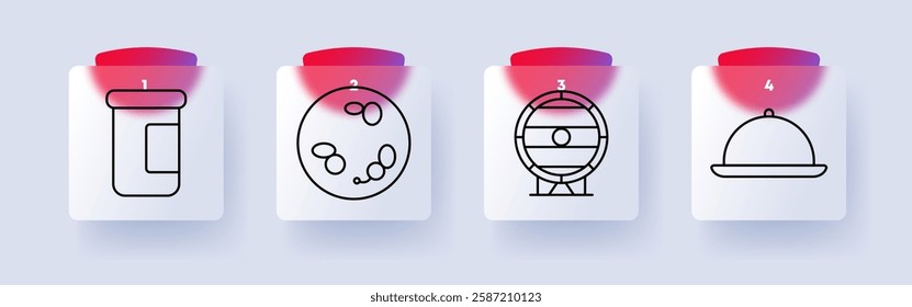 Culinary set icon. Jar, pizza, beer barrel, serving dish, food storage, meal, drink, container, hospitality, beverage, dining, restaurant