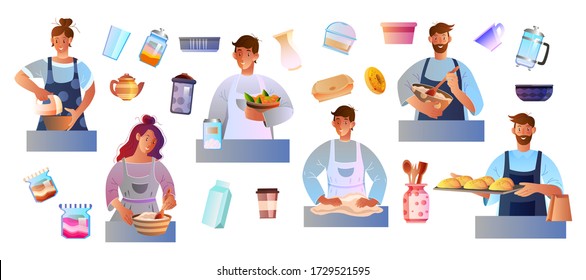 Culinary set with people cooking, baking, kneading the dough. Female and male characters preparing food at home during quarantine. Collection with kitchenware in flat style isolated on white.