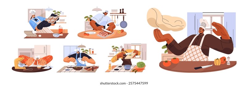 Culinary set. Professional chefs cook food in restaurant kitchen. People cooking meals, make pizza, frying, cut, bake pastry. Characters prepare eating. Flat isolated vector illustration on white