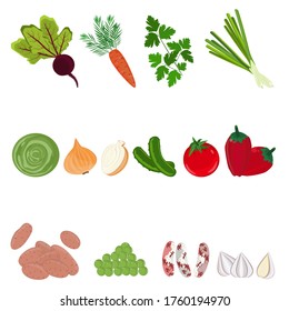 Culinary set. Tomato, sweet pepper, onions, beets, parsley, carrots, greens, potatoes, cabbage. Cartoon style
