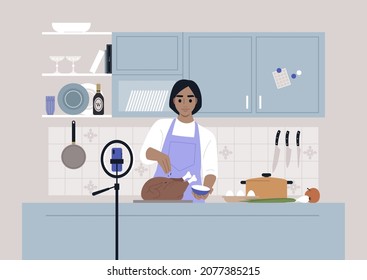 A culinary show, a young female Caucasian character cooking a roasted turkey on camera, a mobile phone on a tripod