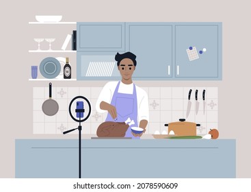 A culinary show, a young male Caucasian character cooking a roasted turkey on camera, a mobile phone on a tripod