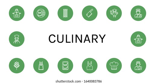 culinary simple icons set. Contains such icons as Apron, Chicken breast, Onion, Cleaver, Chef, Baker, Dill, Chef hat, can be used for web, mobile and logo