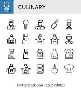 culinary simple icons set. Contains such icons as Chef, Baker, Celery, Cleaver, Apron, Grater, Mayonnaise, Mixer, Chicken breast, Onion, Chef hat, can be used for web, mobile and logo