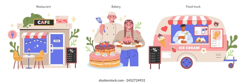 Culinary Small Business set Cafes, bakeries, and ice cream trucks bring neighborhood charm and tasty delights A sweet slice of entrepreneurship Vector illustration