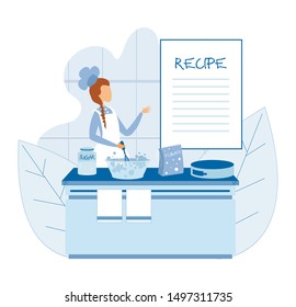 Culinary Specialist Cooking Cake Using Recipe. Cartoon Woman Character Chef Mixing Ingredients. Confectionary Courses and Baking Classes. Education Flat Kitchen Counter. Vector Illustration