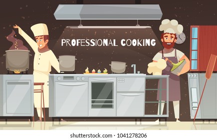 Culinary specialists during food preparation, professional cooking, restaurant kitchen interior with furniture and equipment vector illustration