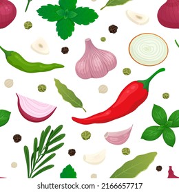 Culinary spice seamless pattern. Cartoon onion, chili peppers and garlic. Fresh basil, green rosemary, slices onions. Kitchen bright racy vector print