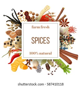 Culinary spices big set under squire emblem. Bunch of cooking seasonings. Farm fresh. For cosmetics, restaurant, store, natural health care products. As logo design, price tag, label, poster, banner