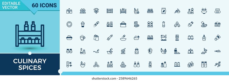 Culinary Spices icon pack. It contains symbols to condiments, seasoning, leaf, cuisine, bay leaf, pod, kitchen, garlic. Minimalistic icons. Editable vector outline and solid icons.