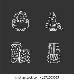 Culinary techniques chalk white icons set on black background. Different food preparation methods, cooking process. Boiling, frying, canning and smocking isolated vector chalkboard illustrations