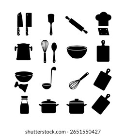 Culinary tools and kitchenware silhouette icon vector flat illustration on white background.