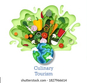 Culinary Tourism Concept Vector Illustration. Paper Cut Craft Style Planet Earth Globe And Healthy Fresh Vegetables. Cooking Food Ingredients. Gastronomic Tour. Travel Food Experience. World Cuisine.