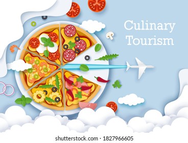 Culinary tourism vector poster, banner template. Paper cut plane flying out of big delicious italian pizza. Gastronomic tour. Travel food experience. Italian traditional food. World culinary tours.