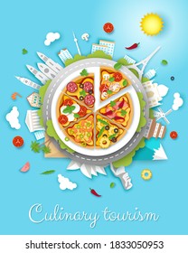 Culinary tourism vector poster, banner template. Paper cut style big delicious italian pizza and world famous landmarks around it. Gastronomic tour. Travel food experience. Italian traditional food.