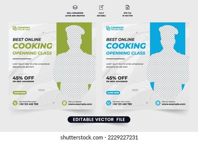 Culinary training center advertisement poster design. Online cooking class social media post vector for marketing. Special cooking class promotional web banner design with blue and dark colors.