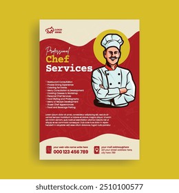 culinary training center and Restaurant food menu print flyer or poster editable template with chef character illustration
