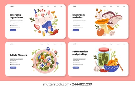 Serie de tendencias culinarias. Representaciones artísticas de ingredientes emergentes, hongos diversos, flores comestibles y el arte de la fermentación y el decapado. Ilustración vectorial para los entusiastas de la comida