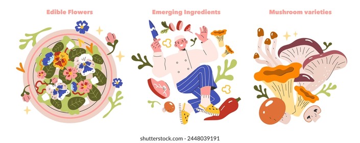 Culinary Trends set. A chef presents a plate of edible flowers alongside vibrant mushrooms and fresh ingredients. Culinary innovation and natural gastronomy. Vector illustration.