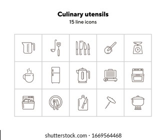 Culinary utensils icons. Set of line icons. Corkscrew, dishwasher, set of knives. Culinary concept. Vector illustration can be used for topics like restaurant business, cooking