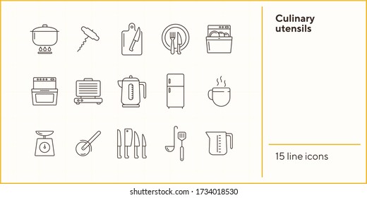 Culinary utensils icons. Set of line icons. Corkscrew, dishwasher, set of knives. Culinary concept. Vector illustration can be used for topics like restaurant business, cooking