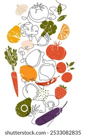 Culinary Vector element. Restaurant and Kitchen art. Vertical pattern with  Delishious Healthy Food. Continuous line drawing style combined with grunge silhouettes of Cooking ingresients.