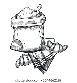 Ilustração de vetor culinário. Um saco de farinha, croissants frescos, uma toalha de mesa, o processo de assar. Todos os objetos são desenhados à mão em vetor, para impressão em padarias, pastelarias, para embalagens de alimentos.