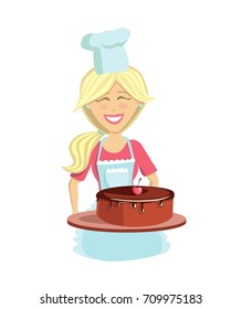 Culinary vector illustration in flat style. Happy young woman in chef hat and apron with delicious chocolate cherry cake. Isolated character on white background. 