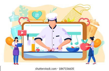 Culinary video broadcast. Blog with cooking online class. A girl carries a red apple while a woman stands and works on her computer. Chef on tablet screen cuts paprika. Zero waste concept. Environment