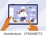 Culinary video broadcast, channel or blog with cooking online class. Young chef woman preparing healthy food in kitchen. Hands holding digital tablet with girl blogger on screen. Vector illustration.