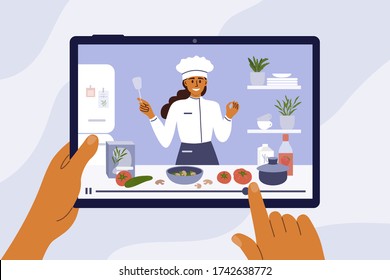 Culinary video broadcast, channel or blog with cooking online class. Young chef woman preparing healthy food in kitchen. Hands holding digital tablet with girl blogger on screen. Vector illustration.