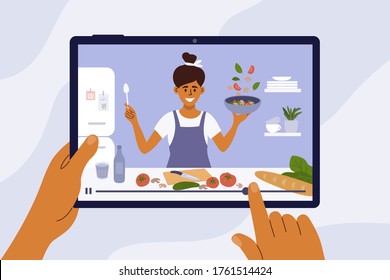 Culinary video broadcast, channel or blog with cooking online class. Young woman preparing healthy food in kitchen. Hand holding digital tablet with smiling girl blogger on screen. Vector illustration