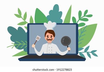 Culinary video broadcast, channel or blog with cooking online class. Vector illustration.