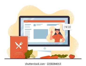 Culinary website concept. Chef in white cap leads video lesson and online lecture, master class. Recipe and list of ingredients. Distance education and training. Cartoon flat vector illustration