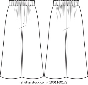 Culottes. Flowing pants. Technical vector sketch. Kids wear.
