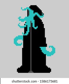 Cult Cthulhu follower pixel art. 8 bit Monk octopus with tentacles and in cassock