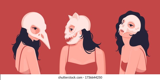 Cult girls in the costume of a magical witch for Halloween from coven. On the head is the skull of a large bird and cat. Flat vector illustration