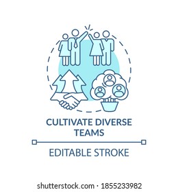 Cultivate diverse teams concept icon. Gender diversity implementation advices. Working team skills idea thin line illustration. Vector isolated outline RGB color drawing. Editable stroke