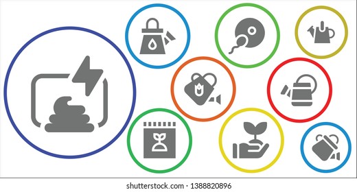 cultivate icon set. 9 filled cultivate icons.  Collection Of - Compost, Watering can, Fertilization, Fertilizer, Sprout