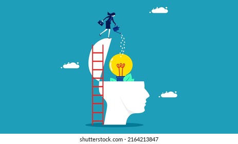  Cultivate ideas. Business women reduce water to plant ideas in the brain. vector illustration business concept