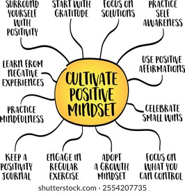 Cultivate positive mindset, optimistic and constructive attitude can significantly influence your well-being, success, and life satisfaction, mind map infographics sketch.