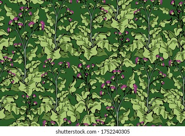 Cultivated big green edible health cosmetic bunch backdrop. Bright color hand drawn eco bio oil food spring meadow field design. Retro art doodle abstract line print style. Closeup fabric textile view