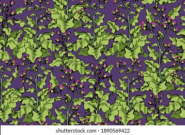 Cultivated big green edible health cosmetic bunch backdrop. Bright color hand drawn eco bio oil food spring meadow field design. Retro art doodle abstract line print style. Closeup fabric textile view