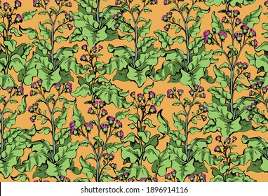 Cultivated big green edible health cosmetic bunch backdrop. Bright color hand drawn eco bio oil food spring meadow field design. Retro art doodle abstract line print style. Closeup fabric textile view