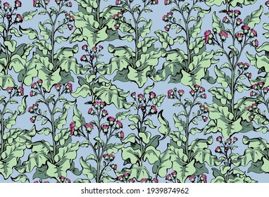 Cultivated big green edible health cosmetic bunch backdrop. Bright color hand drawn eco bio oil food spring meadow field design. Retro art doodle abstract line print style. Closeup fabric textile view