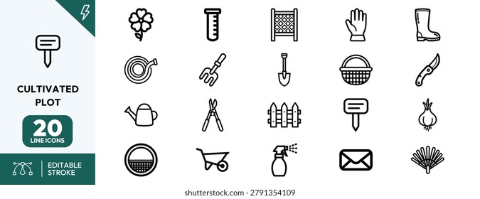 Cultivated Plot icon set. Contain icons related to farming, tools, plants, harvest. Editable stroke. Vector illustration.