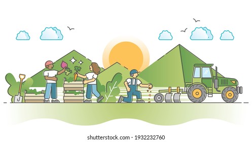 Cultivating countryside agricultural soil with crops seeding outline concept. Plant growth and combine harvester as seeding season process vector illustration. Ecological teamwork in ranch landscape.