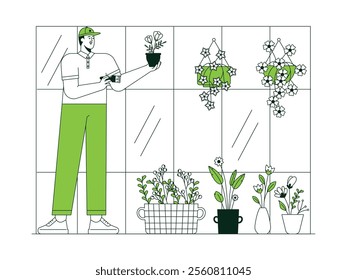 Cultivating flowers in greenhouses is the choice of urban farmers, vector illustration of urban farming.